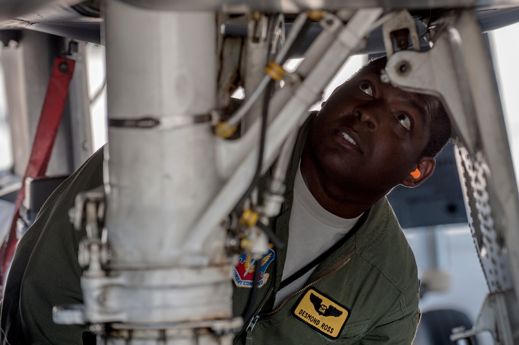 First Lt. Desmond Ross, 336th Fighter Squadron weapons systems officer, performs a cold check as part of a 9th Air Force aircraft generation exercise, Sept. 10, 2015, at Seymour Johnson Air Force Base, North Carolina. The 12 aircraft that were generated during the exercise will be players in a two-week long, air-to-air exercise at Tyndall AFB, Florida, known as Combat Archer. (U.S. Air Force photo/Airman Shawna L. Keyes)