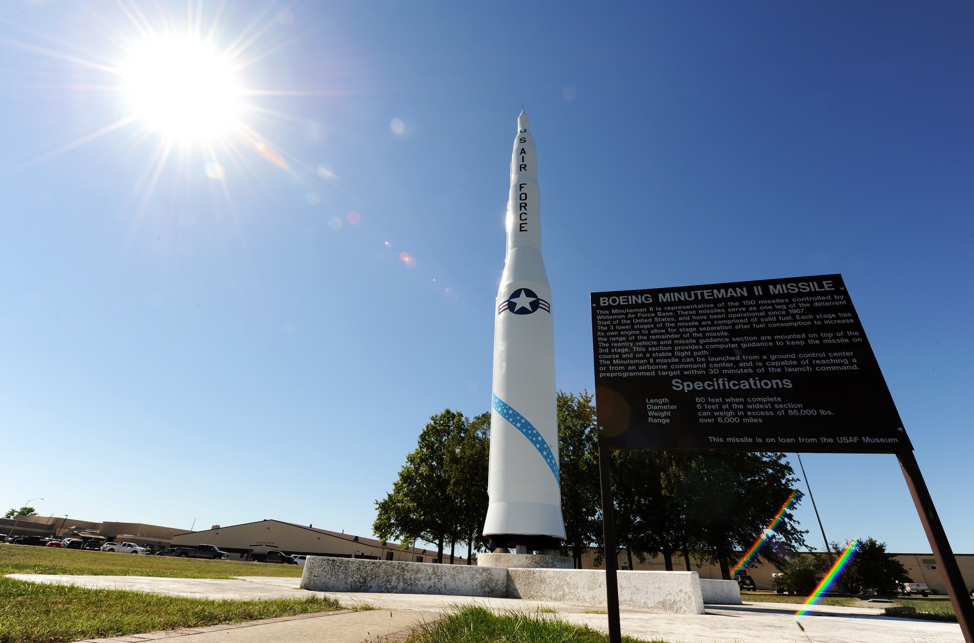 A Minuteman II Missile static display at Whiteman Air Force Base, Mo., was completely restored by the 509th Maintenance Squadron low observable shop recently. The missile was sanded, primed and then painted during the restoration process. (U.S. Air Force photo by Airman 1st Class Michaela R. Slanchik/Released)

