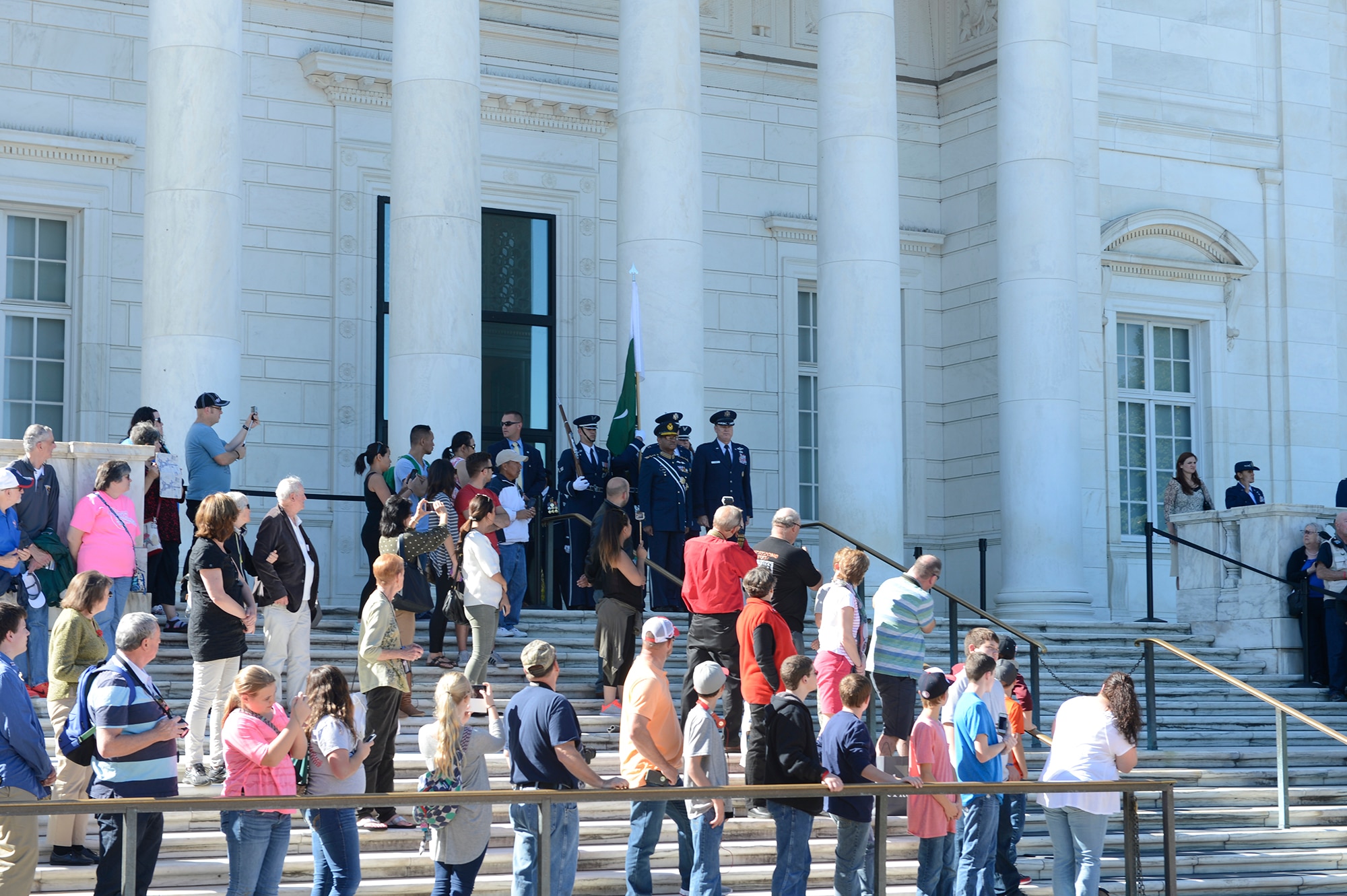 Air Chief Marshal Sohail Aman, Chief of Air Staff of the Pakistan Air Force, and Air Force District of Washington Commander Maj. Gen. Darryl Burke participate in a wreath laying ceremony at the Tomb of the Unknown Soldier at Arlington National Cemetery on Oct. 6, 2015. Distinguished visitors commonly pay formal respects to the sacrifice of America's veterans in foreign wars by placing a wreath before the Tomb. The Air Force District of Washington brings air, space and cyberspace capabilities to the joint team protecting the nation's capital, and supports local personnel and those serving worldwide. (Photo/ Andy Morataya)