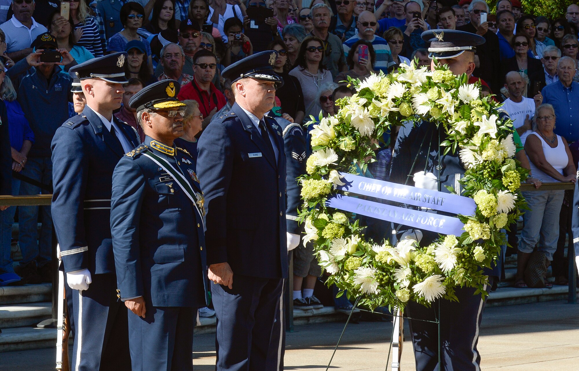 Air Chief Marshal Sohail Aman, Chief of Air Staff of the Pakistan Air Force, and Air Force District of Washington Commander Maj. Gen. Darryl Burke participate in a wreath laying ceremony at the Tomb of the Unknown Soldier at Arlington National Cemetery on Oct. 6, 2015. Distinguished visitors commonly pay formal respects to the sacrifice of America's veterans in foreign wars by placing a wreath before the Tomb. The Air Force District of Washington brings air, space and cyberspace capabilities to the joint team protecting the nation's capital, and supports local personnel and those serving worldwide. (Photo/ Andy Morataya)