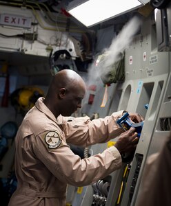 Master Sgt. Michael Seaton, 14th Airlift Squadron loadmaster superintendent, performs pre-flight checks on equipment inside a C-17 Globemaster III Sept. 29, 2015, on the flightline at Joint Base Charleston – Air Base, S.C. Each year the Airlift/Tanker Association recognizes individuals who have demonstrated superior leadership, made outstanding contributions to the airlift/tanker mission and provided invaluable service to their civilian communities. Seaton was selected for the Air Mobility Command “Loadmaster” General Robert “Dutch” Huyser Award. (U.S. Air Force photo/Airman 1st Class Clayton Cupit)