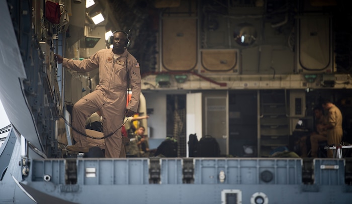 Master Sgt. Michael Seaton, 14th Airlift Squadron loadmaster superintendent, lowers the bay door of a C-17 Globemaster III Sept. 29, 2015, on the flightline at Joint Base Charleston – Air Base, S.C. Each year the Airlift/Tanker Association recognizes individuals who have demonstrated superior leadership, made outstanding contributions to the airlift/tanker mission and provided invaluable service to their civilian communities. Seaton was selected for the Air Mobility Command “Loadmaster” General Robert “Dutch” Huyser Award. (U.S. Air Force photo/Airman 1st Class Clayton Cupit)