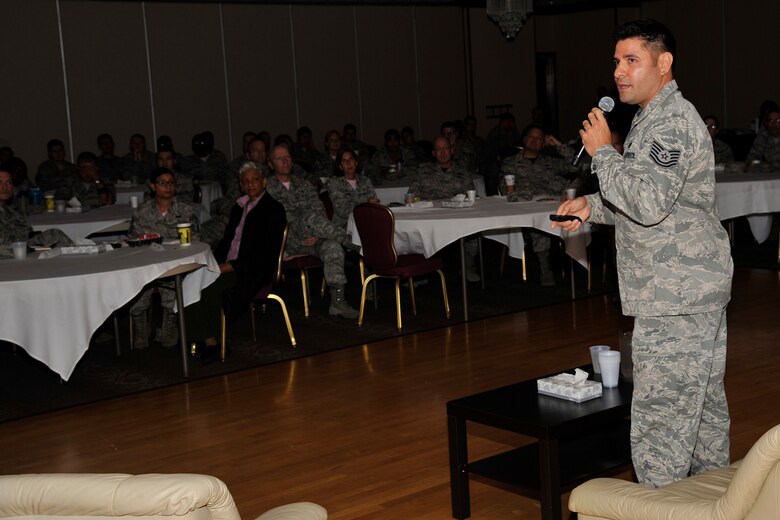 PETERSON AIR FORCE BASE, Colo. – Tech. Sgt. William Gazzaway, 21st Communications Squadron, talks during the Storytellers event Oct. 2, 2015 about his son, Kadin, who passed away from leukemia at a young age. Gazzaway and four other members of Team Pete shared their story of resilience with the audience during the third iteration of the event. (U.S. Air Force photo by Robb Lingley)