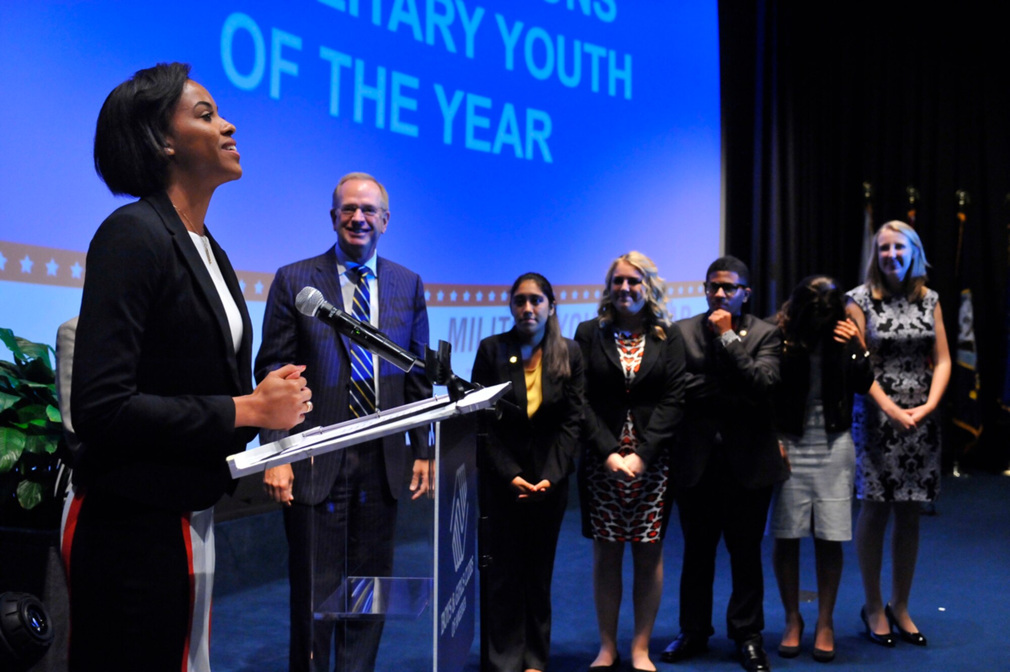 RianSimone Harris, 18, recipient of the joint Defense Department and Boys & Girls Clubs of America 2015 Military Youth of the Year Award, addresses attendees at a ceremony held at the Navy Memorial Naval Heritage Center in Washington, D.C., Aug. 13, 2015. Throughout her progress from the state to national level in the Youth of the Year program, Harris accrued $125,000 in scholarships and plans to attend Point Loma Nazarene University in San Diego, California, to pursue a degree in sociology and criminal justice. (Courtesy photo)