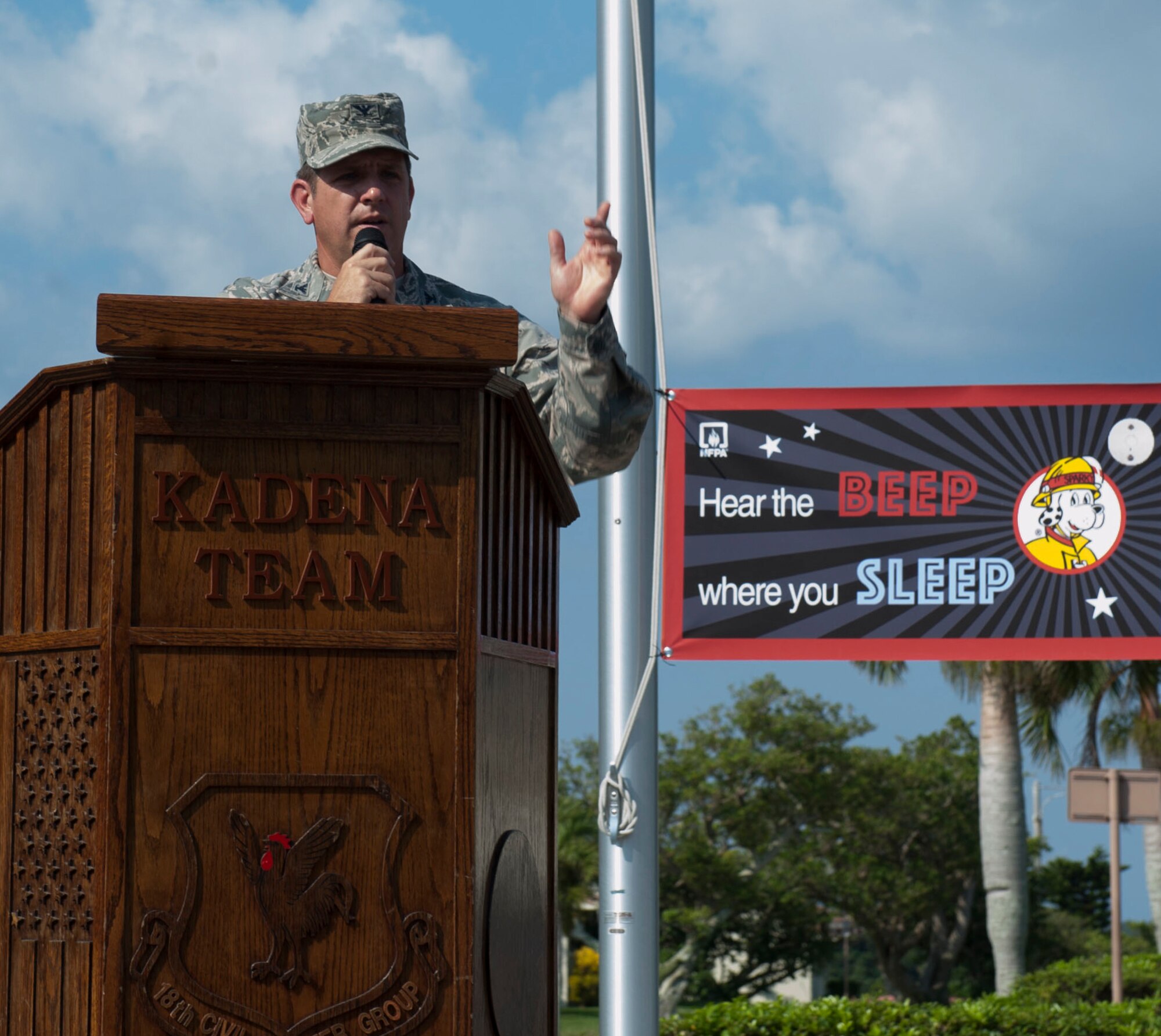 U.S. Air Force Col. Christopher Amrhein, 18th Wing vice commander, reiterates the 2015 Fire Prevention Week theme “Hear the beep where you sleep” to Stearley Heights Elementary School students and staff Oct. 6, 2015, on Kadena Air Base, Japan.  After Amrhein spoke to the students and staff, the students were able to apply what they had learned about fire safety during their tour of a smokehouse trailer. (U.S. Air Force photo by Airman 1st Class Lynette M. Rolen)