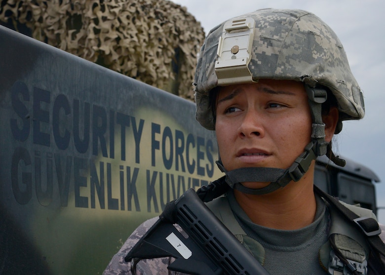 Senior Airman Megan Morales, 39th Security Forces Squadron NCO in-charge of reports and analysis, provides security during a wing-wide exercise Oct. 2, 2015, at Incirlik Air Base, Turkey. The exercise tested the base's first responders’ readiness and ability to respond to an emergency at a moment's notice. (U.S. Air Force photo by Senior Airman Krystal Ardrey/Released)