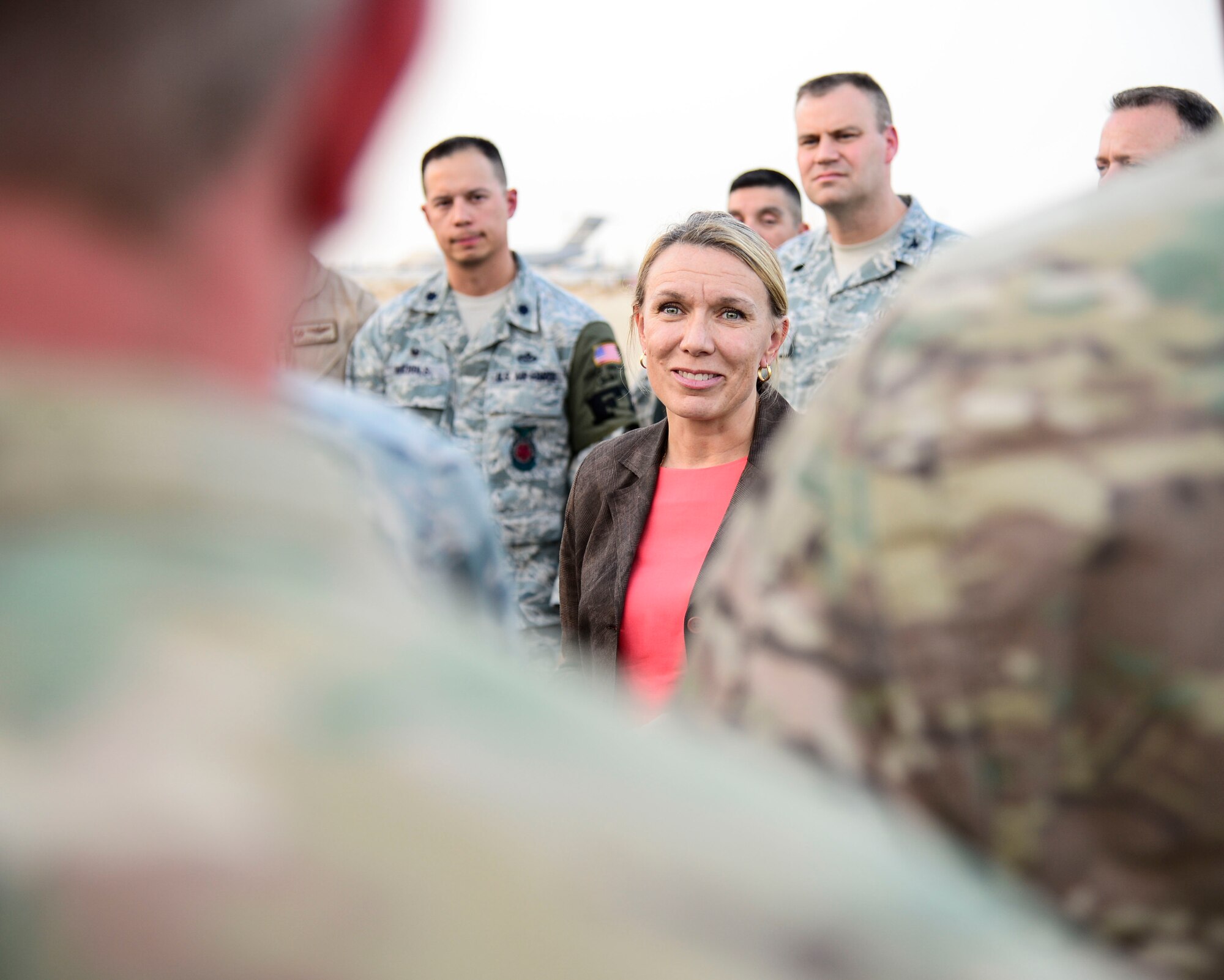 Miranda A.A. Ballentine, Assistant Secretary of the Air Force for Installations, Environment and Energy, Headquarters U.S. Air Force, the Pentagon, Washington, D.C. talks with Airmen from the 386th Air Expeditionary Wing at an undisclosed location in Southwest Asia, Oct. 6, 2015. Ballentine visited Airmen at their job sites to learn about their mission and ways they are improving it. (U.S. Air Force photo by Senior Airman Racheal E. Watson/Released)