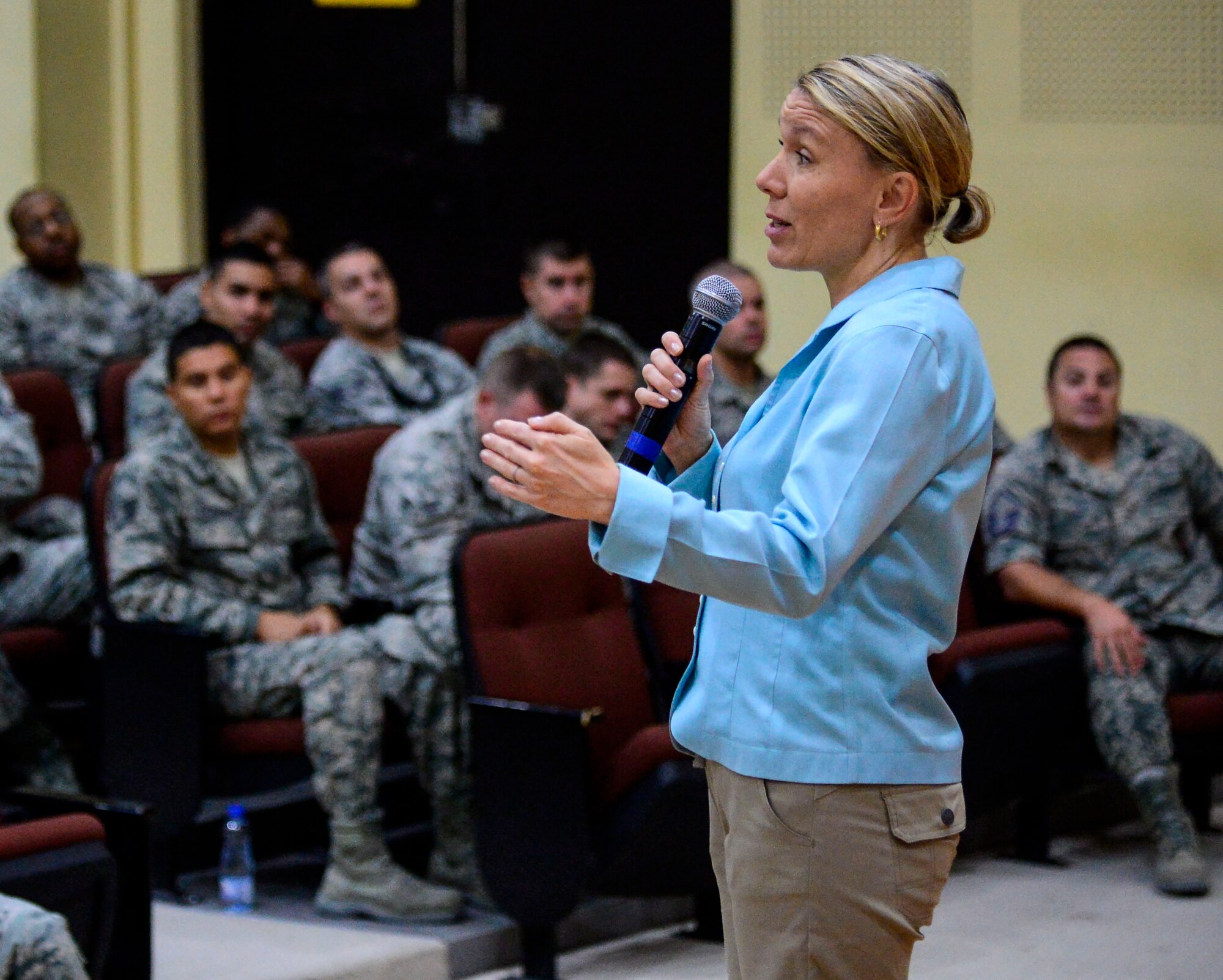 Miranda A.A. Ballentine, Assistant Secretary of the Air Force for Installations, Environment and Energy, Headquarters U.S. Air Force, the Pentagon, Washington, D.C. answers 386th Expeditionary Civil Engineer Squadron Airmens’ questions at an undisclosed location in Southwest Asia, Oct. 7, 2015. Ballentine, and a panel of Airmen, discussed topics such as deployments, equipment, mission requirements, retirement benefits and enlisted performance reports. (U.S. Air Force photo by Senior Airman Racheal E. Watson/Released)