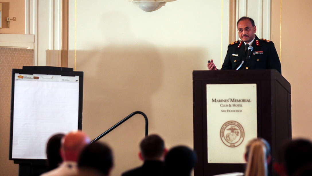 Major Gen. Kishore Jung Bahadur Rana, the director of the Nepal Military Medical Service, speaks at the peer-to-peer medical exchange as part of San Francisco Fleet Week 2015, Oct. 7. The exchange allowed medical professionals from the military and their civilian counterparts to discuss changes in modern medicine and appropriate actions to treat injured patients. SFFW 15’ is a weeklong event that blends a unique training and education program, bringing together key civilian emergency responders and Naval crisis-response forces to exchange best practices on humanitarian assistance disaster relief with particular emphasis on defense support to civil authorities.