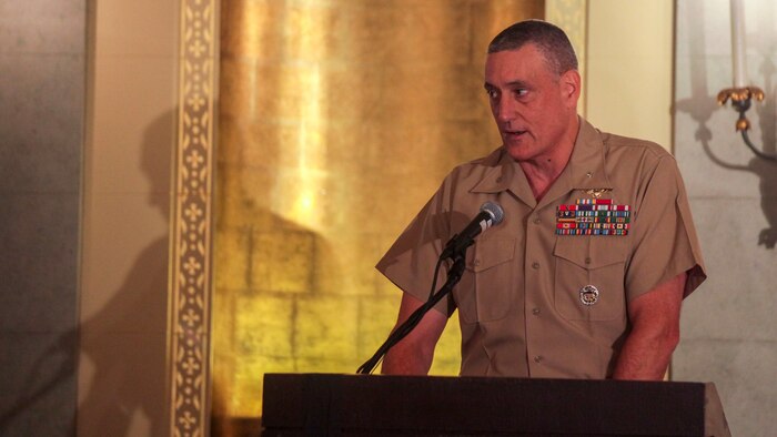 Brig. Gen. David W. Coffman, the deputy commanding general of I Marine Expeditionary Force, speaks at the senior leadership seminar as part of San Francisco Fleet Week 2015, Oct. 7. The seminars brought together leaders from local, regional, and federal agencies, as well as political and diplomatic leaders to broaden working relationships and encourage cooperative emergency planning in humanitarian assistance and disaster relief efforts. SFFW 15’ is a weeklong event that blends a unique training and education program, bringing together key civilian emergency responders and Naval crisis-response forces to exchange best practices on humanitarian assistance disaster relief with particular emphasis on defense support to civil authorities.