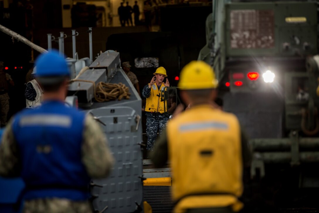 U.S. Navy Sailors with Landing Craft Unit 1629, Amphibious Craft Unit 1, move vehicles from ship to shore as part of San Francisco Fleet Week 2015, Oct. 7. SFFW 15’ is a week-long event that blends a unique training and education program, bringing together key civilian emergency responders and Naval crisis-response forces to exchange best practices focused on humanitarian assistance disaster relief with particular emphasis on defense support to civil authorities. (U.S. Marine Corps photo by Lance Cpl. Ryan Kierkegaard, 1st Marine Division Combat Camera/Released)