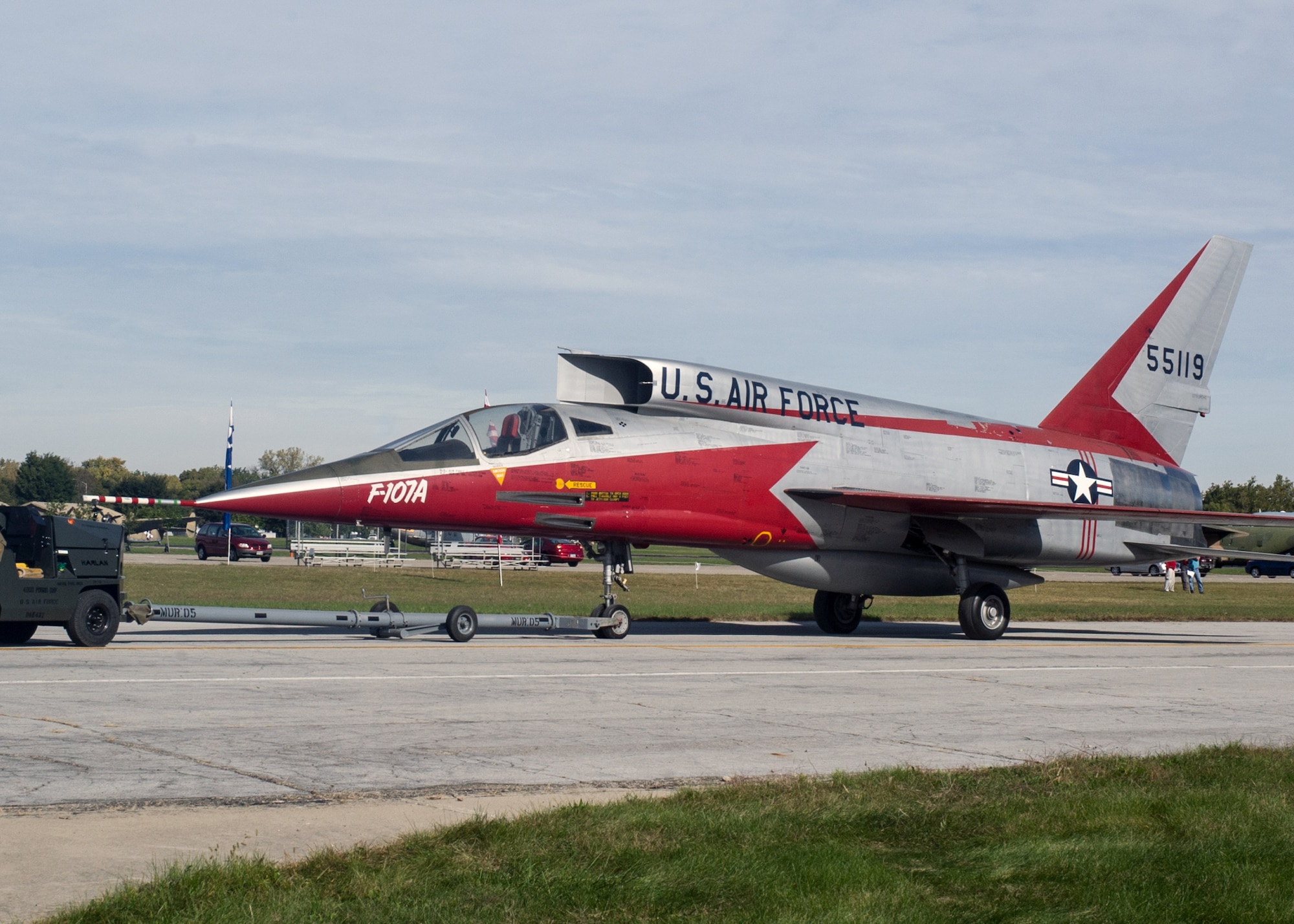 Restoration staff move the North American F-107A into the new fourth building at the National Museum of the U.S. Air Force on Oct. 6, 2015. (U.S. Air Force photo by Ken LaRock)