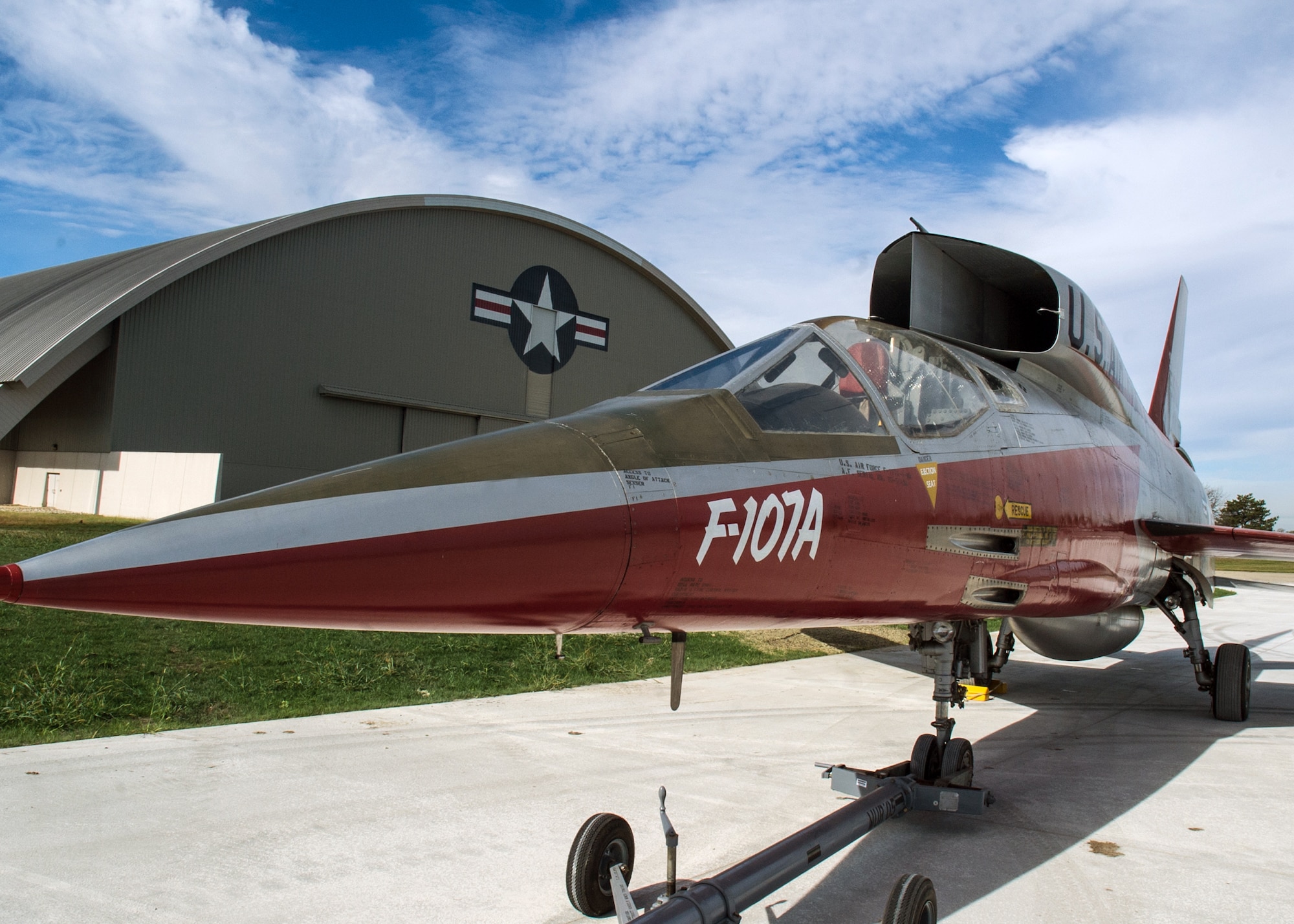 Restoration staff move the North American F-107A into the new fourth building at the National Museum of the U.S. Air Force on Oct. 6, 2015. (U.S. Air Force photo by Ken LaRock)