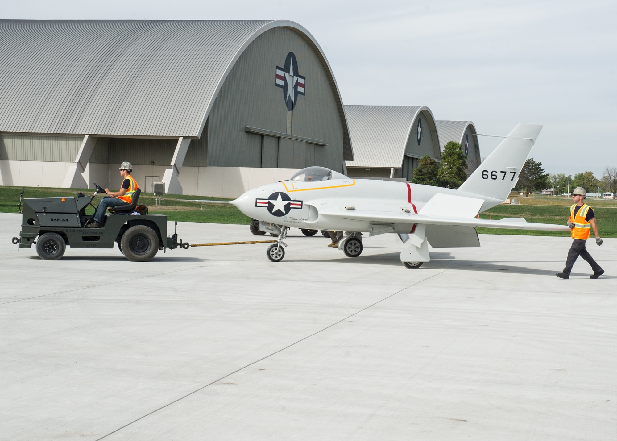 Restoration staff move the Northrop X-4 into the new fourth building at the National Museum of the U.S. Air Force on Oct. 6, 2015. (U.S. Air Force photo by Ken LaRock)
