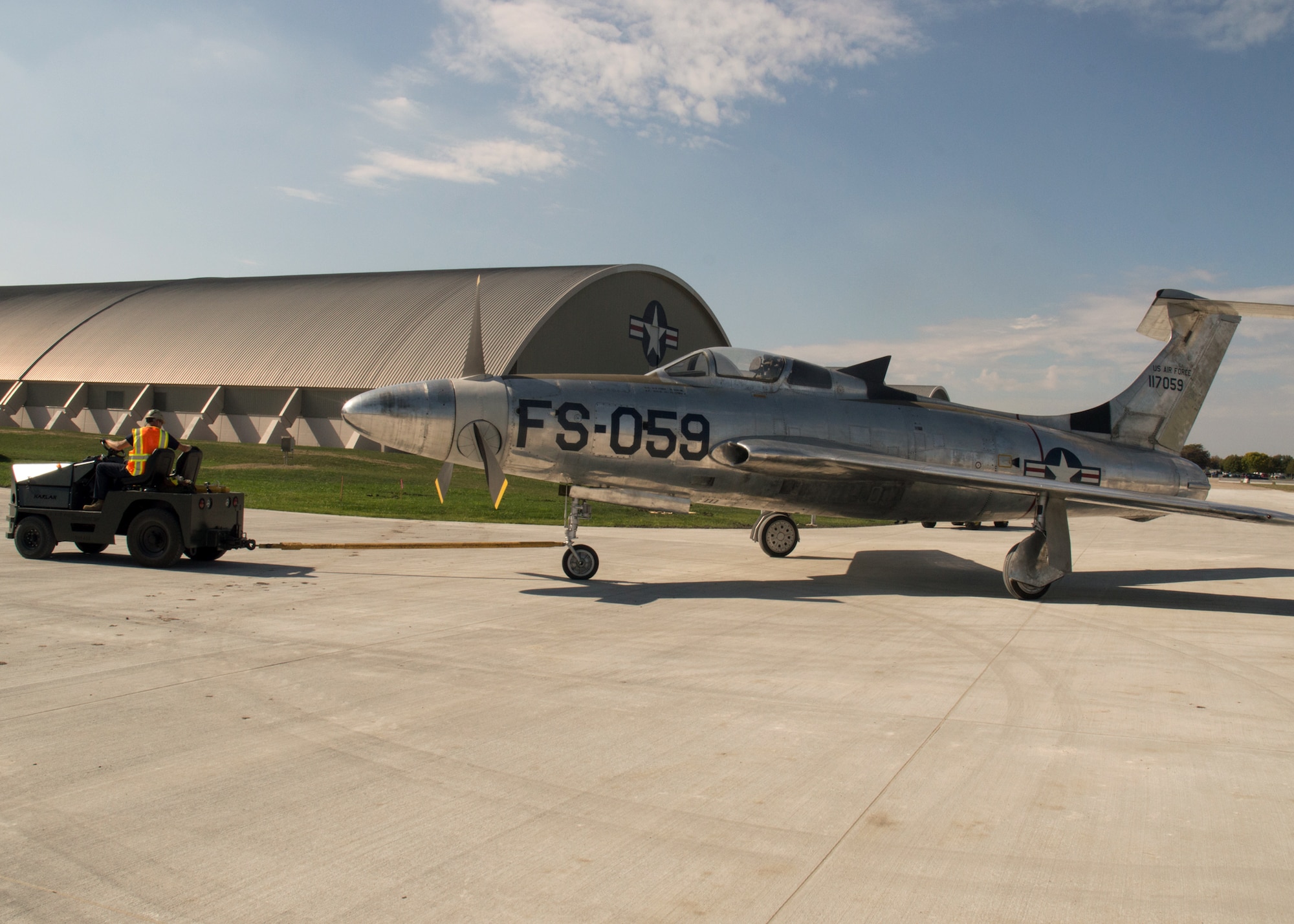 Restoration staff move the Republic XF-84H into the new fourth building at the National Museum of the U.S. Air Force on Oct. 7, 2015. (U.S. Air Force photo by Ken LaRock)