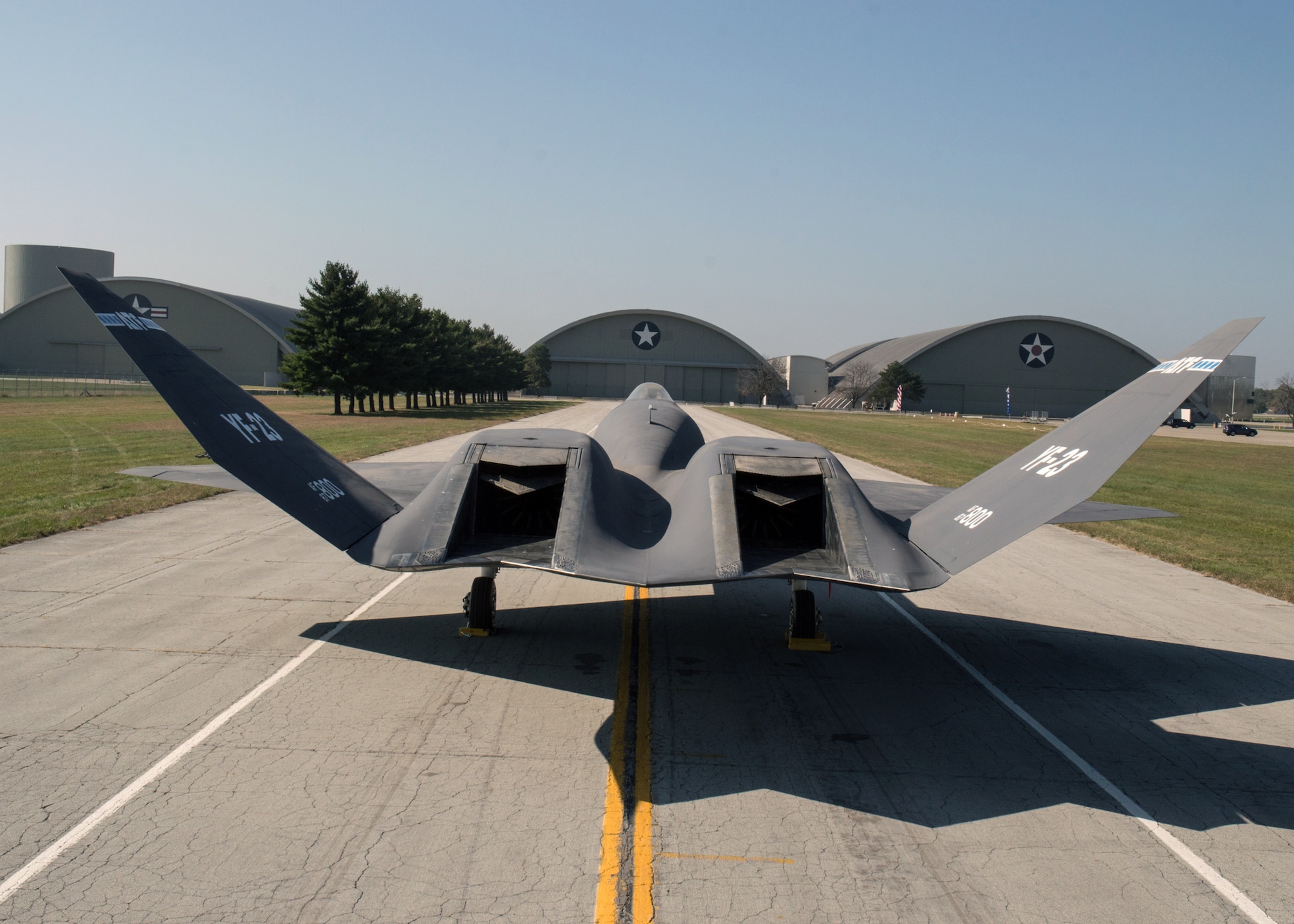 Restoration staff move the Northrop-McDonnell Douglas YF-23A into the new fourth building at the National Museum of the U.S. Air Force on Oct. 7, 2015. (U.S. Air Force photo by Ken LaRock)