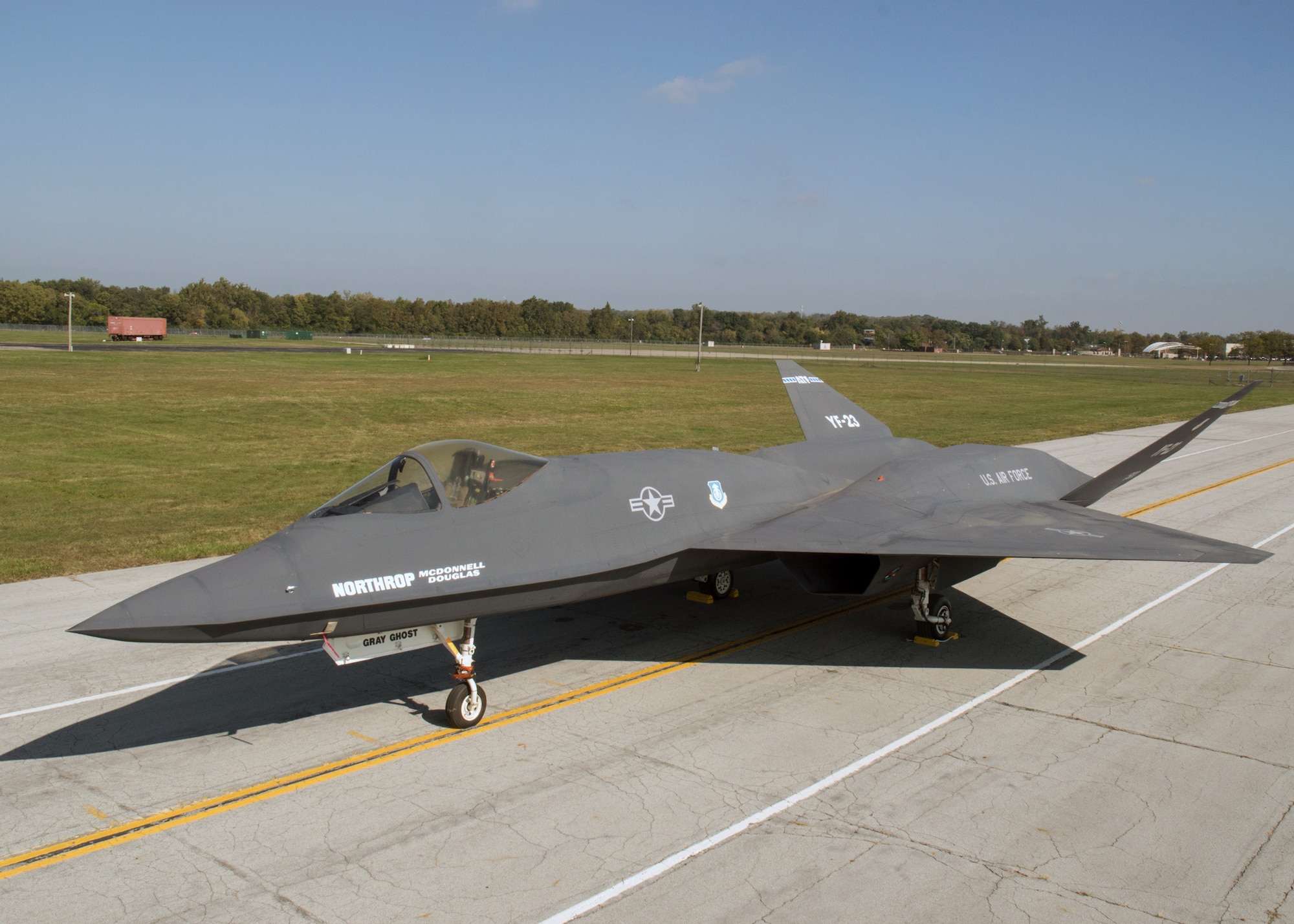 Restoration staff move the Northrop-McDonnell Douglas YF-23A into the new fourth building at the National Museum of the U.S. Air Force on Oct. 7, 2015. (U.S. Air Force photo by Ken LaRock)