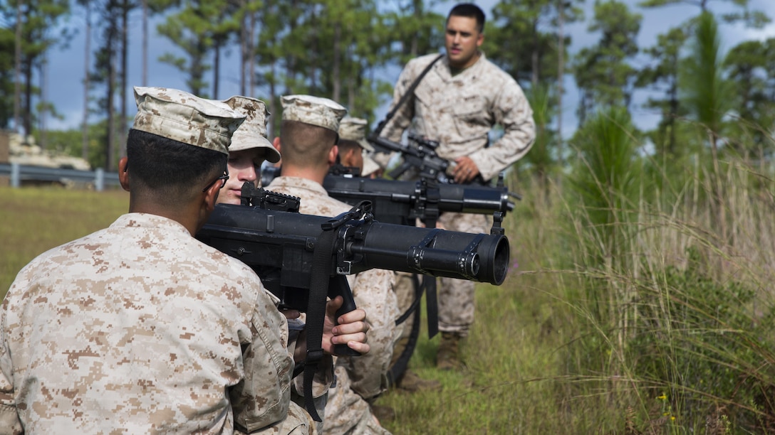 Marines with 2nd Combat Engineer Battalion practice dry-firing the Shoulder-launched Multipurpose Assault Weapon, or SMAW, before conducting a live-fire range at Camp Lejeune, North Carolina, Sept. 29, 2015. The battalion conducted the range in an effort to familiarize the Marines with the weapons system in preparation for an upcoming deployment.