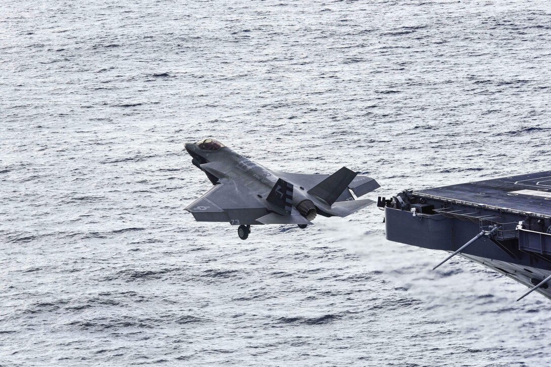 An F-35C Lightning II carrier variant joint strike fighter takes off from the flight deck of the aircraft carrier USS Dwight D. Eisenhower in the Atlantic Ocean, Oct. 4, 2015. U.S. Navy photo by Petty Officer 3rd Class Jameson E. Lynch