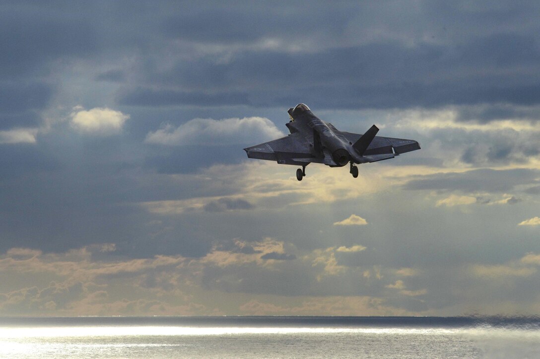 An F-35C Lightning II carrier variant joint strike fighter takes off from the flight deck of the aircraft carrier USS Dwight D. Eisenhower in the Atlantic Ocean, Oct. 4, 2015. U.S. Navy photo by Petty Officer 3rd Class Jameson E. Lynch