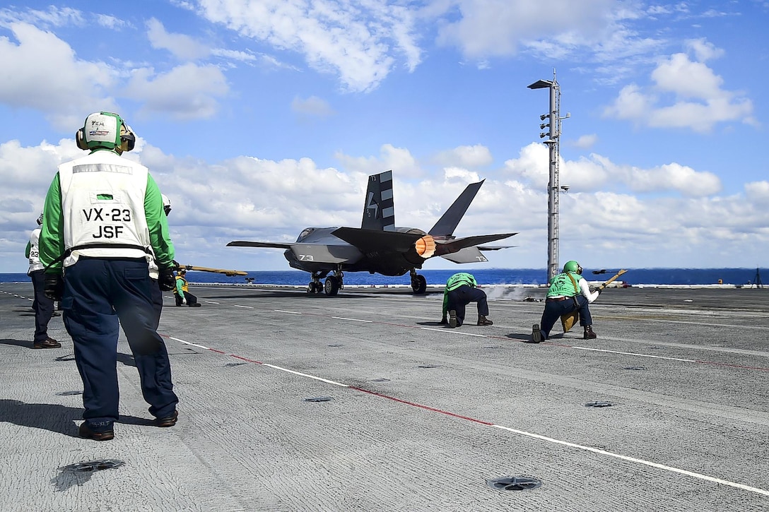 An F-35C Lightning II carrier-variant joint strike fighter takes off from the flight deck of the aircraft carrier USS Dwight D. Eisenhower in the Atlantic Ocean, Oct. 5, 2015. U.S. Navy photo by Seaman Anderson W. Branch