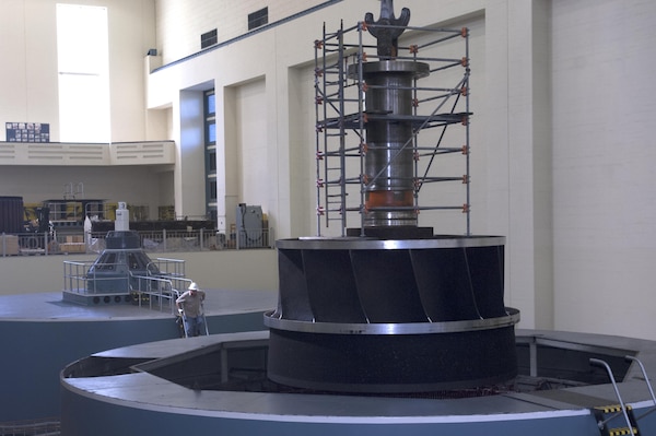 The U.S. Army Corps of Engineers Nashville District remove the turbine runner from hydropower unit two in the power house at Center Hill Dam Oct. 7, 2015.