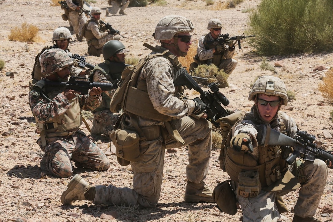 U.S. 5TH FLEET AREA OF RESPONSIBILITY (Aug. 25, 2015)  U.S. Marines with India Company, Battalion Landing Team 3rd Battalion, 1st Marine Regiment, 15th Marine Expeditionary Unit, simulate providing security with Jordanian Soldiers during a bilateral training exercise. The 15th MEU is deployed throughout the U.S. 5th Fleet area of operations area of responsibility to maintain regional security. (U.S. Marine Corps photo by Sgt. Jamean Berry/Released)