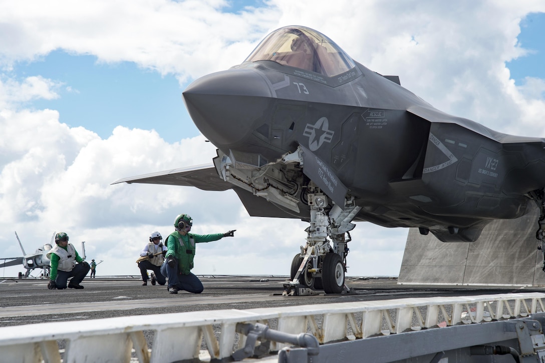 An F-35C Lightning II carrier-variant joint strike fighter prepares for takeoff aboard the aircraft carrier USS Dwight D. Eisenhower in the Atlantic Ocean, Oct. 6, 2015. The aircraft is assigned to Air Test and Evaluation Squadron 23. The F-35C Lightning II Patuxent River Integrated Test Force is conducting follow-on sea trials. U.S. Navy photo by Seaman Anderson W. Branch