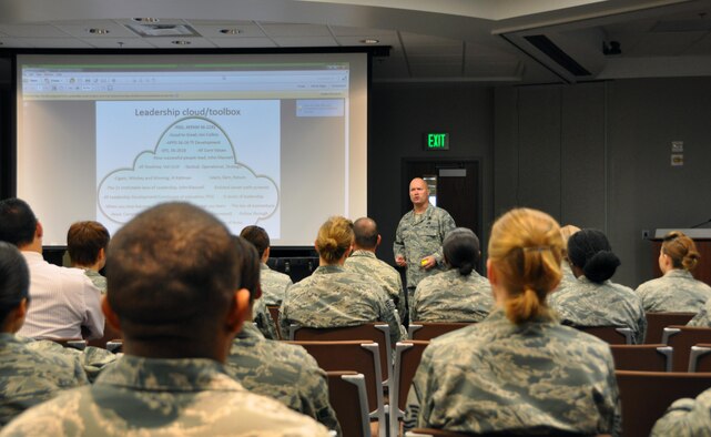 Chief Master Sgt. J. Seth Perron, Headquarters Individual Reservist Readiness and Integration Organization command chief, addresses the audience at the Air Reserve Personnel Center during ARPC’s October Leadership Seminar Oct. 8, 2015, on Buckley Air Force Base, Colo. (U.S. Air Force photo/Tech. Sgt. Rob Hazelett)