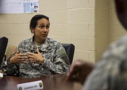 Army Brig. Gen. Marion Garcia, deputy commander of the 200th Military Police Command, discusses reserve component issues during a meeting with the National Commission on the Future of the Army July 14, 2015, at Fort Meade, Md. The commission is tasked with making recommendations concerning component roles, force structure design, organization, employment and reserve forces policy. (U.S. Army Reserve Photo by Sgt. 1st Class Jacob Boyer/RELEASED)