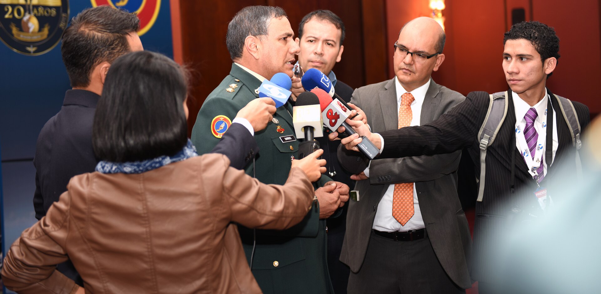 Colombian Brig. Gen. Emiro Jose Barrios Jimenez, Air Assault Division commandant, answers questions from the Colombian media about the International Aviation Conference of the Armies held in Bogota, Colombia, Sept. 22-24.