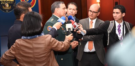 Colombian Brig. Gen. Emiro Jose Barrios Jimenez, Air Assault Division commandant, answers questions from the Colombian media about the International Aviation Conference of the Armies held in Bogota, Colombia, Sept. 22-24.