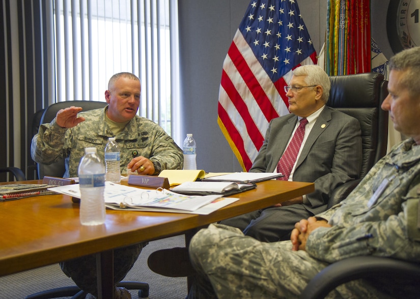 Army Col. Michael Shrout (left), 1st Army Division East operations officer, discusses reserve component training with retired Army Gen. Carter Ham, chairman of the National Commission on the Future of the Army, July 14, 2015, at Fort Meade, Md. The commission is tasked with making recommendations concerning component roles, force structure design, organization, employment and reserve forces policy. (U.S. Army Reserve Photo by Sgt. 1st Class Jacob Boyer/RELEASED)