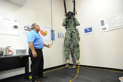 Ray Gutierrez, 12th Operations Support Squadron Aircrew Flight Equipment Instructor, instructs a 435th Fighter Training Squadron student, on T-38 Egress Training at Joint Base San Antonio-Randolph Oct. 1, 2015. This training session includes Aircrew Flight Equipment training, Emergency Parachute Training, Local Area Survival Training, On-Scene Commanders Briefing and T-38 Ground and Air Egress Training.  