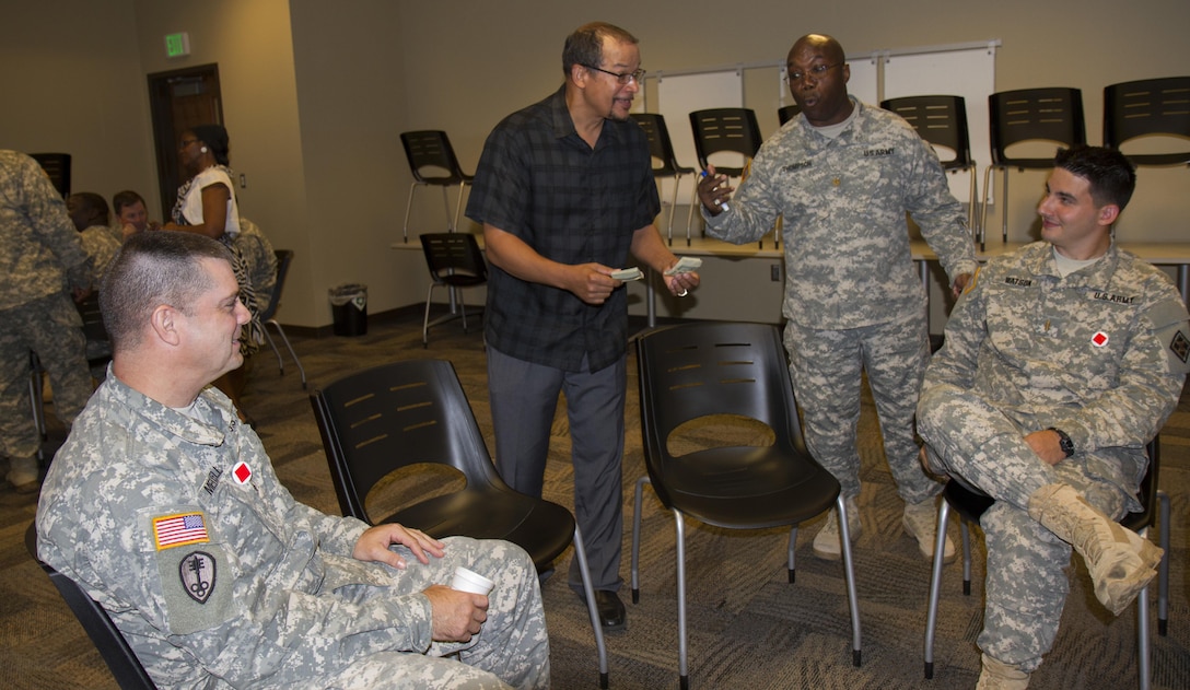 Soldiers in the Equal Opportunity Leaders Course are tasked to play a game called Star Power July 15, 2015, at Farmingdale, N.Y. This game allows the Soldiers to understand firsthand the effects that social perception has on society. The EOLC is designed to provide leaders at battalion and company levels the critical skills needed to assist commanders, military personnel and family members with all the matters concerning equality and diversity in the organization. (U.S. Army Reserve Photo by Spc. Stephanie Ramirez/ RELEASED)