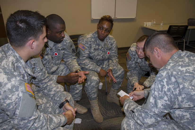 Soldiers get together in small groups and are tasked to develop a new set of laws that they believe will benefit society July 15, 2015, at Farmingdale, N.Y. These discussions are a part of the Star Power Game. The Equal Opportunity Leaders Course is designed to provide leaders at battalion and company levels the critical skills needed to assist commanders, military personnel and family members with all the matters concerning equality and diversity in the organization. (U.S. Army Reserve Photo by Spc. Stephanie Ramirez/ RELEASED)