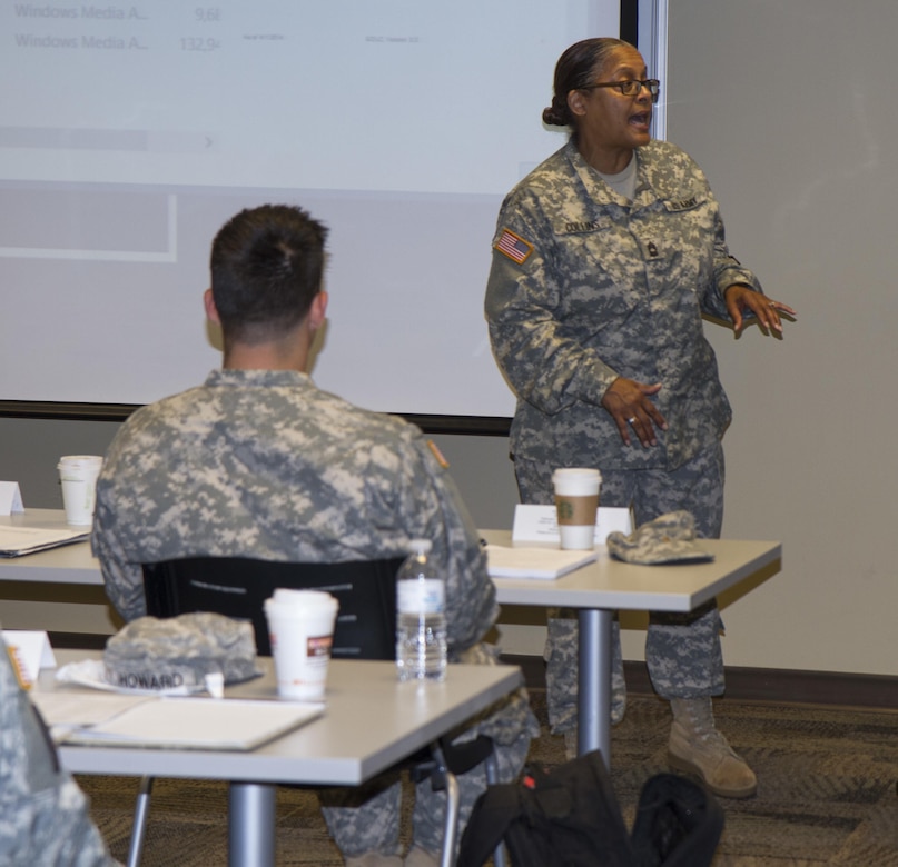 Master Sgt. Joan K. Collins, equal opportunity adviser for the 200th Military Police Command, teaches a class about the importance of learning how to listen to equal opportunity complaints in an unbiased manner July 15, 2015, at Farmingdale, N.Y. The Equal Opportunity Leaders Course is designed to provide EO leaders at battalion and company levels the critical skills needed to assist commanders, military personnel and family members with all of the matters concerning equality and diversity in the organization. (U.S. Army Reserve Photo by Spc. Stephanie Ramirez/RELEASED)