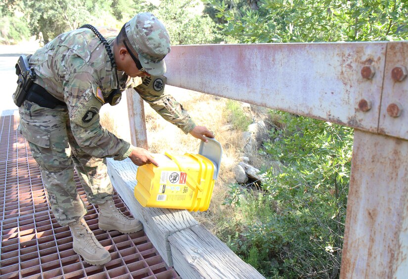 U.S. Army Staff Sgt., Daniel Vasquez, with the 491st Military Police Company, Riverside, Calif., releases a rattle snake that was obtained at Fort Hunter Liggett, Calif., Aug. 1. Vasquez, a Moreno Valley, Calif., native worked with Fort Hunter Liggett police along with the 382nd Military Police Detachment to maintain law and order and force protection during his annual training, July 26 - Aug. 10. Vasquez supported WAREX 91-15, “Operation Caucasus Restore.” WAREX 91-15 prepares Reserve and National Guard units with real world and scenario based training, as well as basic Soldier skills during the exercise. (Photo by U.S. Army Staff Sgt. Nazly Confesor, 200th MP Command Public Affairs/Released)