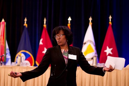 Kimberly Franklin, Deputy Director, Army Reserve Family Programs, informs Army Reserves leaders of the importance of Family Programs during the U.S. Army Reserve Commander’s Conference in Alexandria, Va., Sept. 14, 2015. Held annually, the Army Reserve informs multiple leaders on the status of the force and provides a road map for its strategic and operational future. (U.S. Army Reserve Photo by Sgt. Ida Irby/RELEASED)