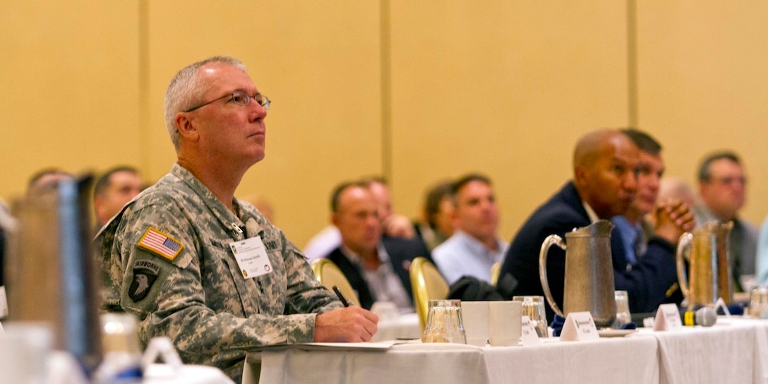 Maj. Gen. Michael R. Smith, U.S. Army Reserve deputy chief, attends the opening brief of the U.S. Army Reserve Commander’s Conference in Alexandria, Va., Sept. 14. Held annually, the Army Reserve informs multiple leaders on the status of the force and provides a road map for its strategic and operational future. (U.S. Army Reserve Photo by Sgt. Ida Irby/RELEASED)