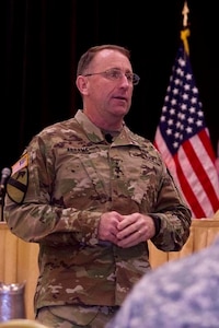 Gen. Robert Abrams, commander of Forces Command, speaks to a delegation of generals at the 2015 U.S. Army Reserve Commander's Conference on the way forward and force readiness in Alexandria, Va., Sept. 15. The purpose of the conference was to give commanders an understand of future plans for the the U.S. Army and its Reserve component.