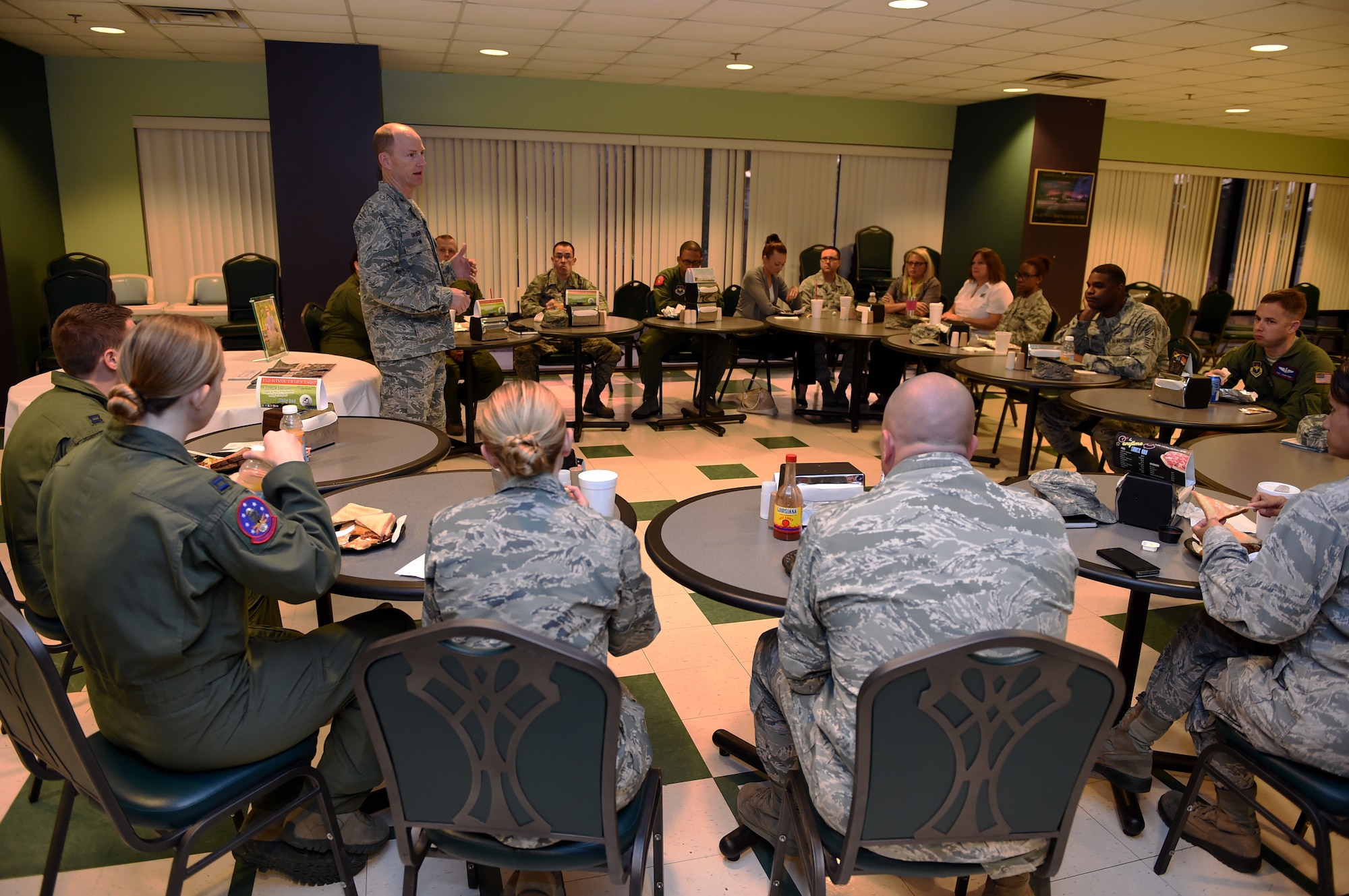 ALTUS AIR FORCE BASE, Okla. – U.S. Air Force Col. Charles Ohliger, 97th Air Mobility Wing vice commander, speaks at the 2015 Combined Federal Campaign breakfast at the Galaxy Grill, Oct. 8. During the breakfast, Ohliger stressed the importance of making 100% contact with all Airmen and properly informing them about the purpose and logistics of the campaign. (U.S. Air Force photo by Airman 1st Class Megan E. Acs/Released) 