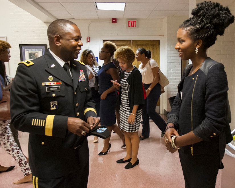 Maj. Gen. Phillip M. Churn, the commanding general for the 200th Military Police Command,  shared a few words of leadership advice with student leader at the Leadership Conference in the Howard University School of Law in Washington, Aug. 29, 2015.  The conference focused on challenging graduate and undergraduate students to become leaders and change agents in society, Maj. Gen. Churn delivered the closing address at the ceremony.