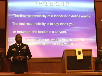 Maj. Gen. Phillip M. Churn, the commanding general for the 200th Military Police Command, delivers the closing address at the Student Leadership Conference in the Howard University School of Law in Washington, Aug. 29, 2015. The conference focused on challenging graduate and undergraduate students to become leaders and change agents in society.