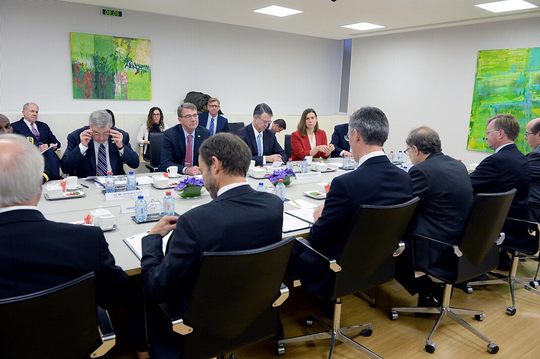 U.S. Defense Secretary Ash Carter, center back, meets with NATO Secretary General Jens Stoltenberg at NATO headquarters in Brussels, Oct. 8, 2015. Carter is on a five-day trip to Europe to attend the NATO Defense Ministerial in Brussels, and meet with counterparts in Spain, Italy and the United Kingdom. DoD photo by U.S. Army Sgt. 1st Class Clydell Kinchen

