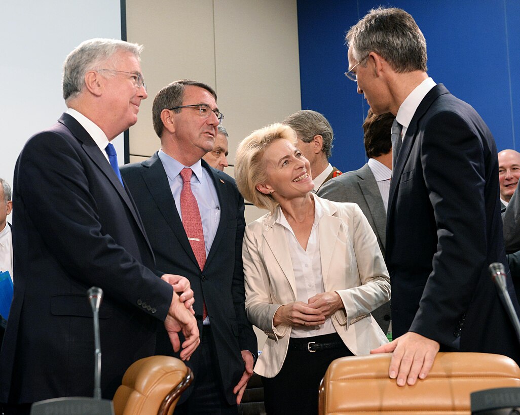 U.K Secretary of State for Defense Michael Fallon, left, U.S. Defense Secretary Ash Carter, German Defense Minister Ursula von der Leyen and NATO Secretary General Jens Stoltenberg chat before the start of the meeting of the North Atlantic Council at NATO headquarters in Brussels, Oct. 8, 2015. Carter is on a five-day trip to Europe to attend the NATO Defense Ministerial in Brussels, and meet with counterparts in Spain, Italy and the United Kingdom. DoD photo by U.S. Army Sgt. 1st Class Clydell Kinchen

