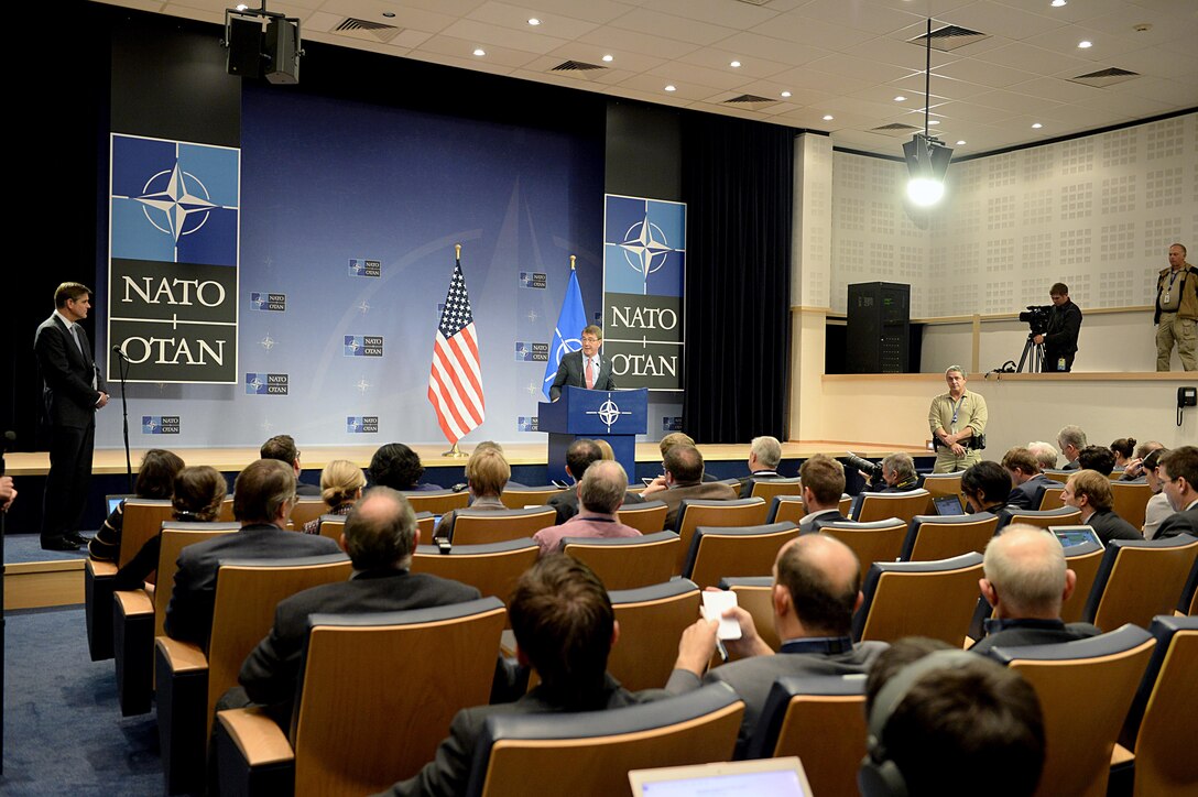 U.S. Defense Secretary Ash Carter answers questions during a press conference at NATO headquarters in Brussels, Oct. 8, 2015. Carter is on a five-day trip to Europe to attend the NATO Defense Ministerial in Brussels, and meet with counterparts in Spain, Italy and the United Kingdom. DoD photo by U.S. Army Sgt. 1st Class Clydell Kinchen
