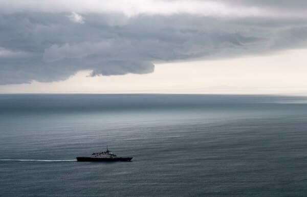151002-N-MK881-095 BAY OF BENGAL (Oct. 1, 2015) The littoral combat ship USS Fort Worth (LCS 3) participates in a combined formation of U.S. and Bangladesh naval ships during Cooperation Afloat Readiness and Training (CARAT) Bangladesh 2015. CARAT is an annual, bilateral exercise series with the U.S. Navy, U.S. Marine Corps and the armed forces of nine partner nations. (U.S. Navy photo by Mass Communication Specialist 2nd Class Joe Bishop/Released)
