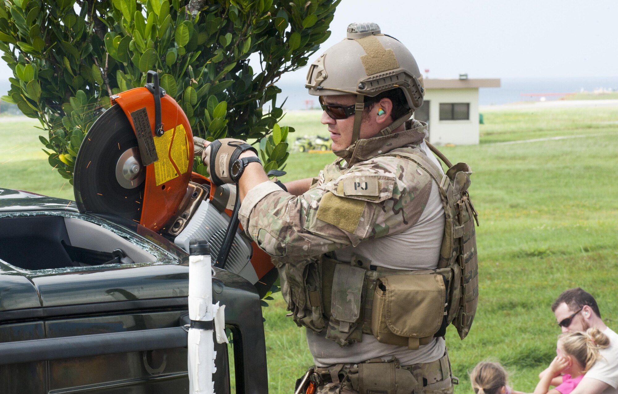 A U.S. Air Force pararescueman with the 31st rescue squadron demonstrates extrication as part of Rescuefest on October 3, 2015, Kadena Air Base, Japan. Rescuefest is a yearly event where the 31st rescue squadron demonstrates its capabilities. (U.S. Air Force Photo by Airman 1st Class Nicholas Emerick/Released)