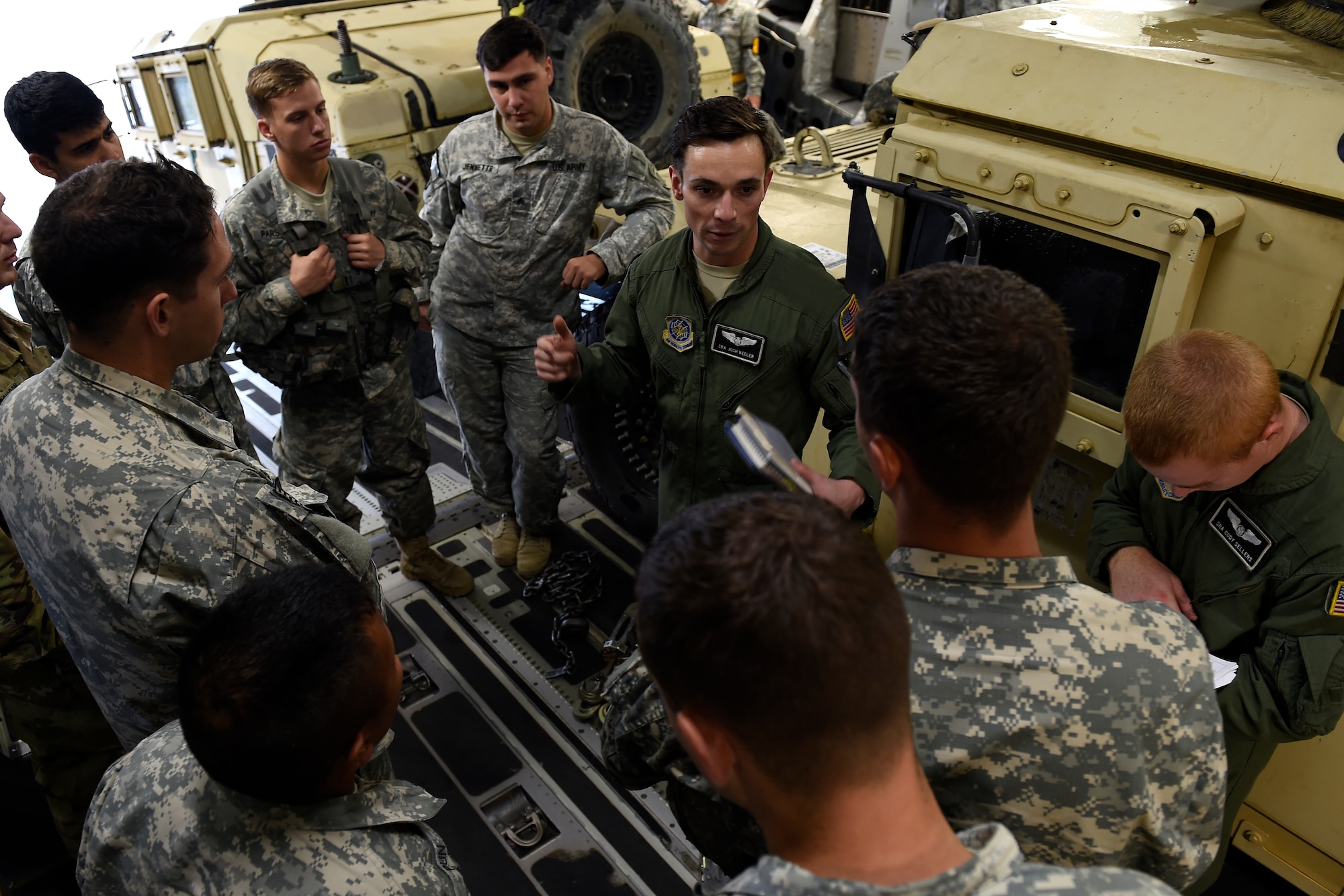 Senior Airman Josh Beeler, 8th Airlift Squadron C-17 Globemaster III loadmaster, briefs Soldiers from the 82nd Airborne Division Sept. 27, 2015 at Pope Army Airfield, N.C, on how to secure and unload the 82nd ABD Humvees. The Soldiers and vehicles were flown from Pope AAF, N.C., to White Sands, N.M., as part of an Emergency Deployment Readiness Exercise. (U.S. Air Force photo/Staff Sgt. Tim Chacon)